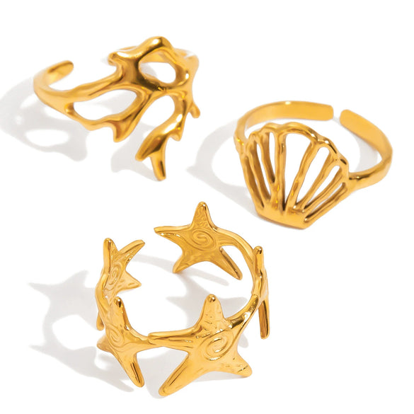 Wholesale Jewelry Stainless Steel Ocean Style Geometric Starfish Coral Joint Open Ring For Women Electroplated