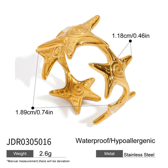 Wholesale Jewelry Stainless Steel Ocean Style Geometric Starfish Coral Joint Open Ring For Women Electroplated