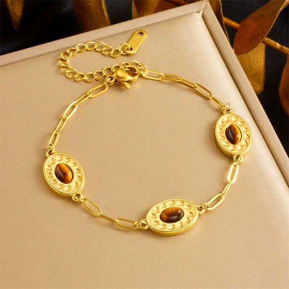 Wholesale Jewelry Stainless Steel Oval Geometric Inlay Tiger Eye Gold Plated Personality Bracelet For Women