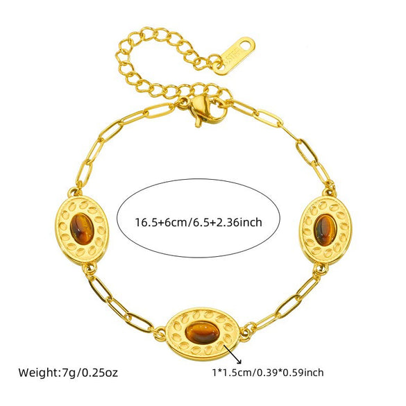 Wholesale Jewelry Stainless Steel Oval Geometric Inlay Tiger Eye Gold Plated Personality Bracelet For Women