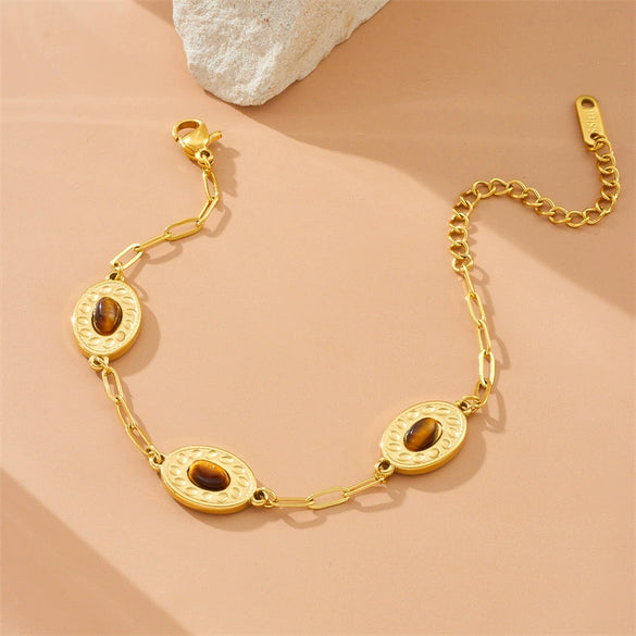 Wholesale Jewelry Stainless Steel Oval Geometric Inlay Tiger Eye Gold Plated Personality Bracelet For Women