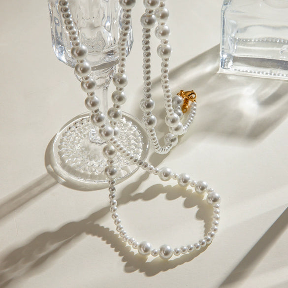 Wholesale Jewelry Stainless Steel Pearl Beaded Sweater Chain Necklace With Geometric Style And Electroplating Treatment