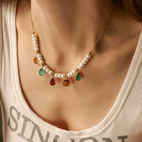 Wholesale Jewelry Stainless Steel Pearl Geometric Electroplating Minimalist Women's Necklace