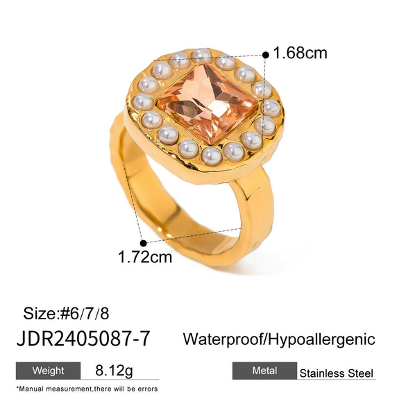 Wholesale Jewelry Stainless Steel Pearl Geometric Ring Electroplated
