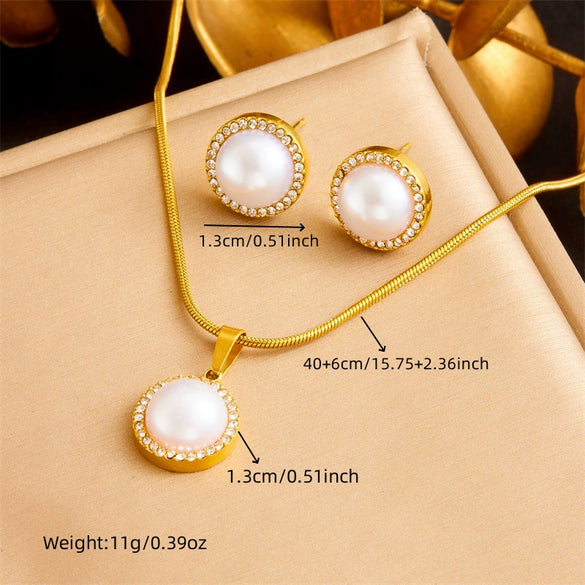 Wholesale Jewelry Stainless Steel Pearl Inlay Geometric Fashion Retro Earrings And Necklace Set