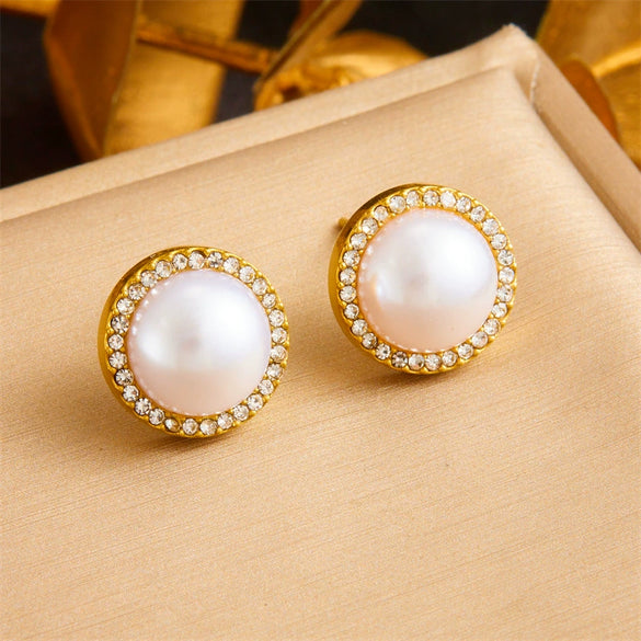 Wholesale Jewelry Stainless Steel Pearl Inlay Geometric Fashion Retro Earrings And Necklace Set