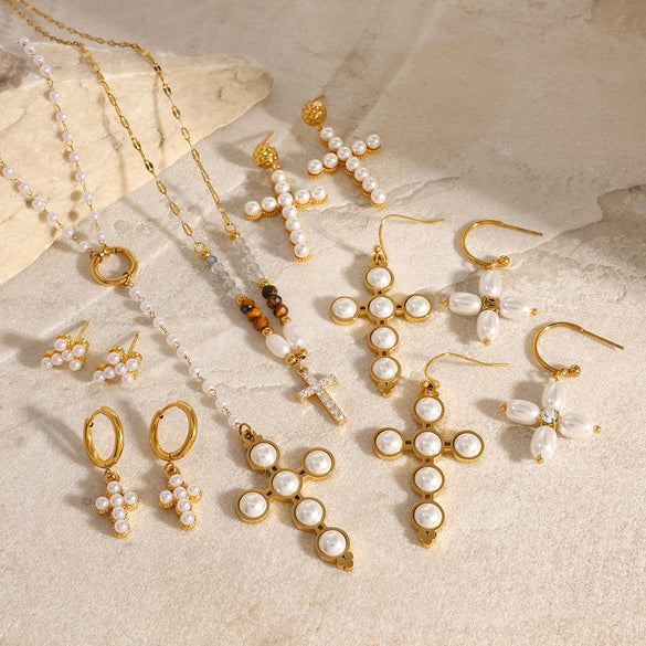 Wholesale Jewelry Stainless Steel Pearl Necklace And Cross Earrings With Geometric Design Electroplated For Women