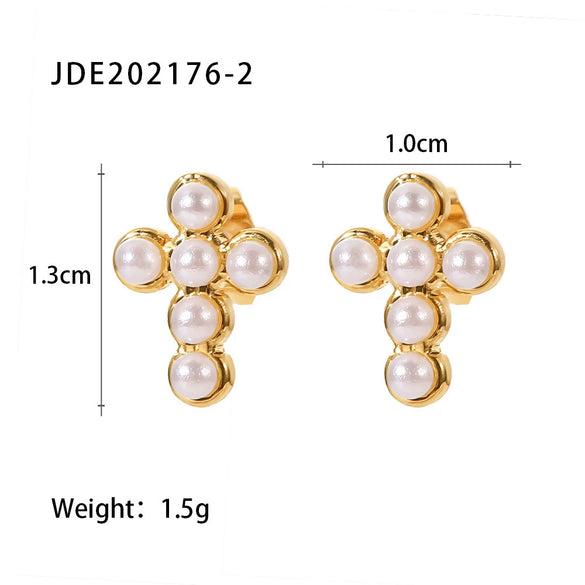 Wholesale Jewelry Stainless Steel Pearl Necklace And Cross Earrings With Geometric Design Electroplated For Women