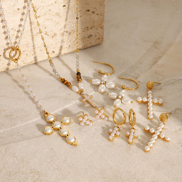 Wholesale Jewelry Stainless Steel Pearl Necklace And Cross Earrings With Geometric Design Electroplated For Women
