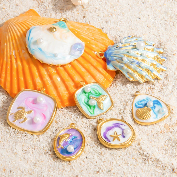 Wholesale Jewelry Stainless Steel Pearl Shell Pendant Handmade With Starfish Shell Patterns Dripping Oil Style