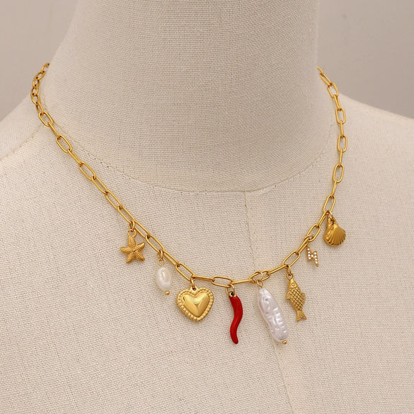Wholesale Jewelry Stainless Steel Pearl Starfish Heart Animals Zodiac Pendant Necklace Electroplated For Women
