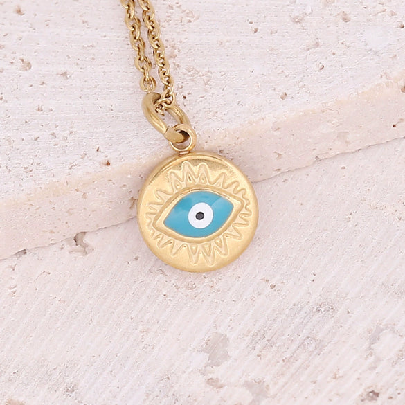 Wholesale Jewelry Stainless Steel Pendant Necklace With Drop Oil Eyes And Cross Moon Design Electroplated