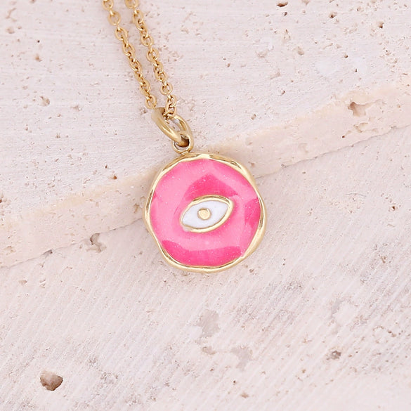 Wholesale Jewelry Stainless Steel Pendant Necklace With Drop Oil Eyes And Cross Moon Design Electroplated