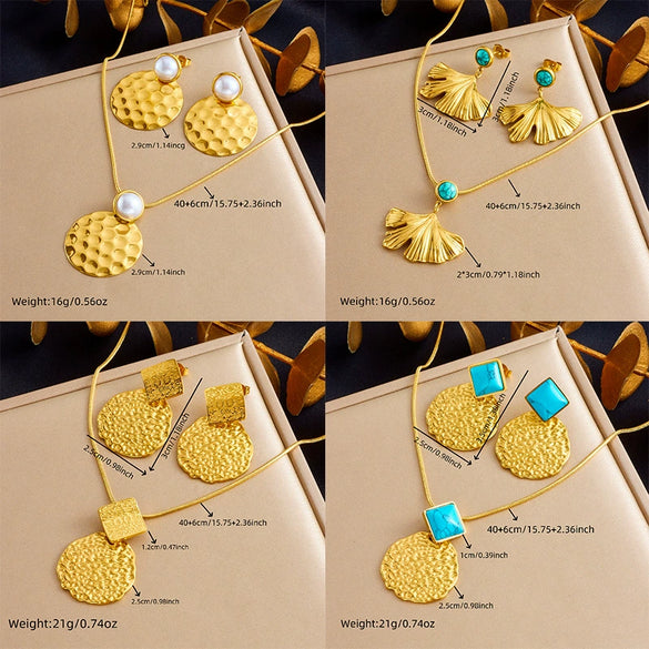 Wholesale Jewelry Stainless Steel Plants And Flowers Ginkgo Square Circle Concave Pendant Earrings Necklace Electroplating