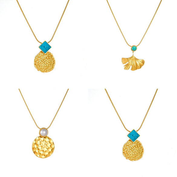 Wholesale Jewelry Stainless Steel Plants And Flowers Ginkgo Square Circle Concave Pendant Earrings Necklace Electroplating
