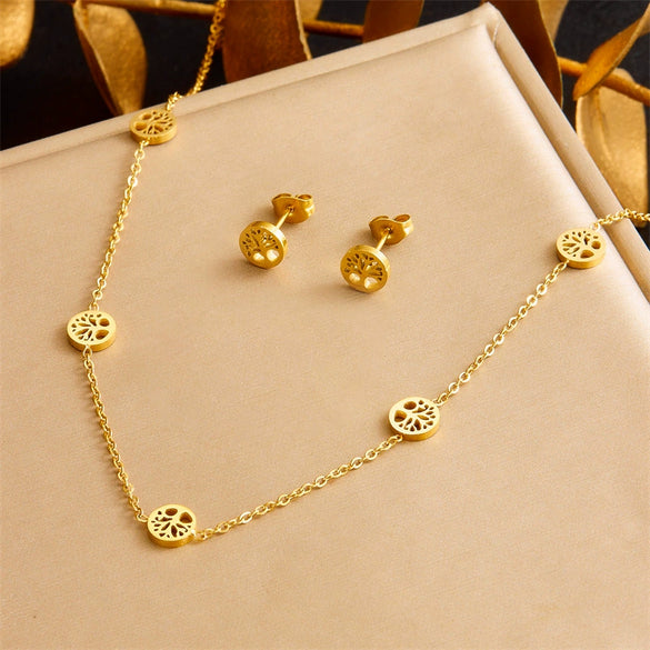 Wholesale Jewelry Stainless Steel Plants And Flowers Pattern Electroplating Round Hollow Necklace Earrings Bracelet Set For Women