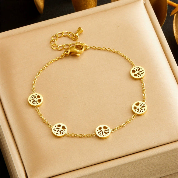 Wholesale Jewelry Stainless Steel Plants And Flowers Pattern Electroplating Round Hollow Necklace Earrings Bracelet Set For Women