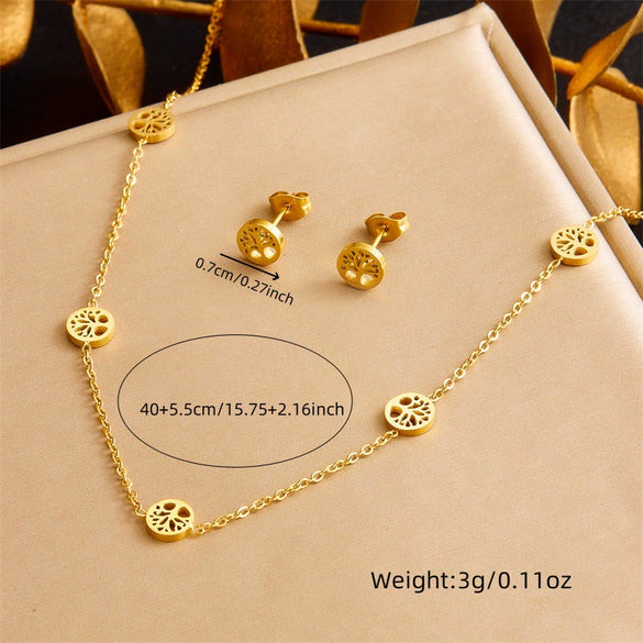 Wholesale Jewelry Stainless Steel Plants And Flowers Pattern Electroplating Round Hollow Necklace Earrings Bracelet Set For Women