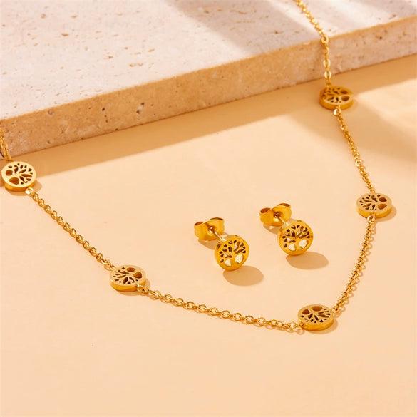 Wholesale Jewelry Stainless Steel Plants And Flowers Pattern Electroplating Round Hollow Necklace Earrings Bracelet Set For Women
