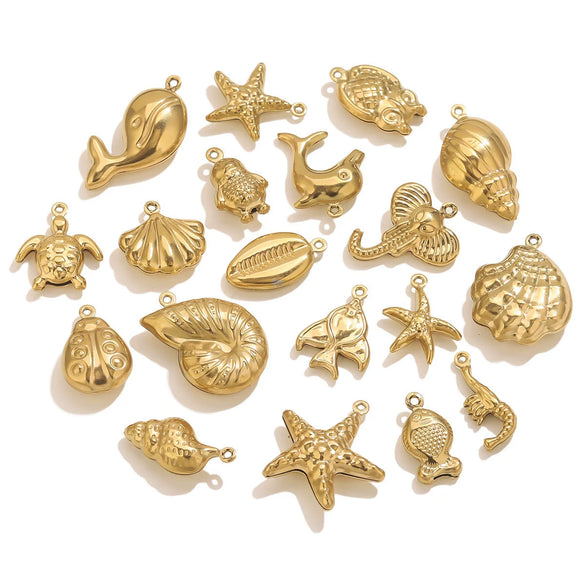 Wholesale Jewelry Stainless Steel Pvd Gold Plated Hollow Ocean Shell Pendant Conch Turtle Animal Shape Bracelet Accessories Charm