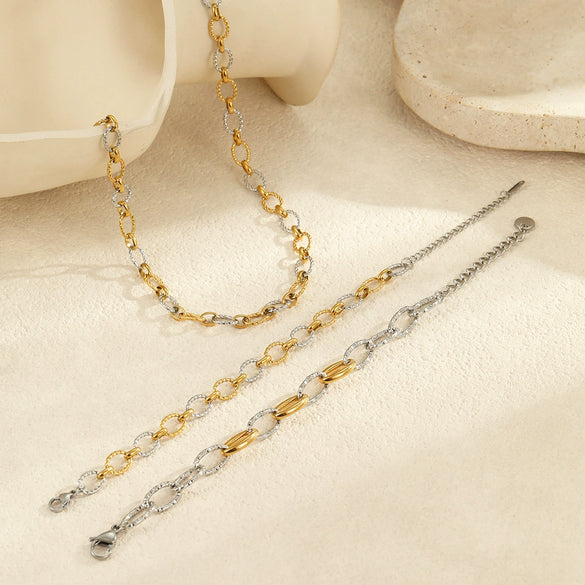 Wholesale Jewelry Stainless Steel Real Gold Geometric Fashion Color Matching Chain Bracelet Necklace