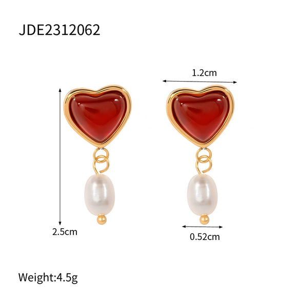 Wholesale Jewelry Stainless Steel Red Agate Oil Drop Resin Love Pendant Earrings Geometric Electroplated