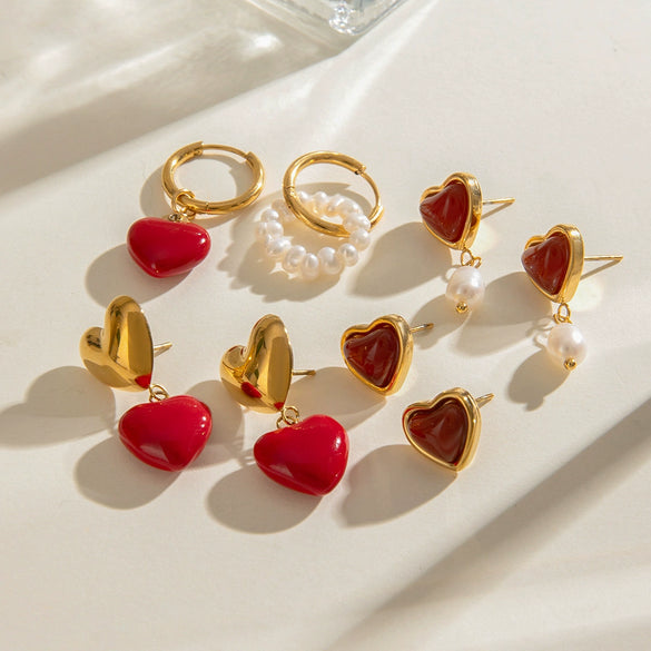Wholesale Jewelry Stainless Steel Red Agate Oil Drop Resin Love Pendant Earrings Geometric Electroplated