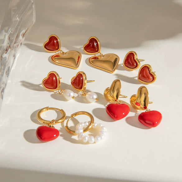 Wholesale Jewelry Stainless Steel Red Agate Oil Drop Resin Love Pendant Earrings Geometric Electroplated
