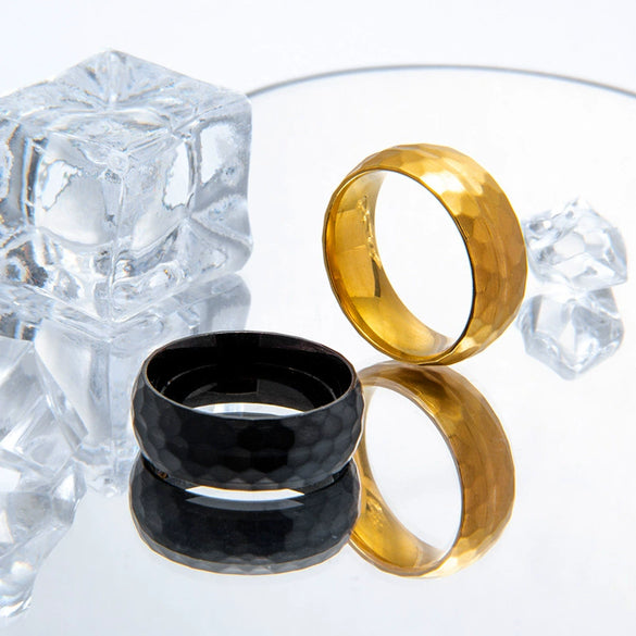 Wholesale Jewelry Stainless Steel Ring Geometric Pattern Hammer Style Vacuum Electroplated