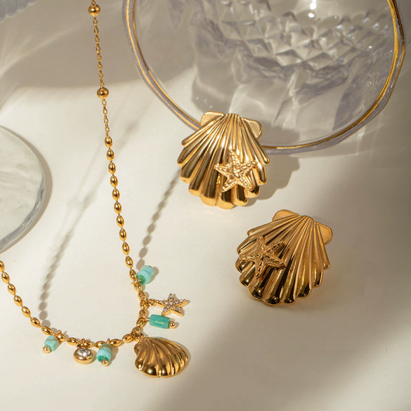 Wholesale Jewelry Stainless Steel Shell Geometric Starfish Earrings For Women With Electroplating Treatment In Natural Style