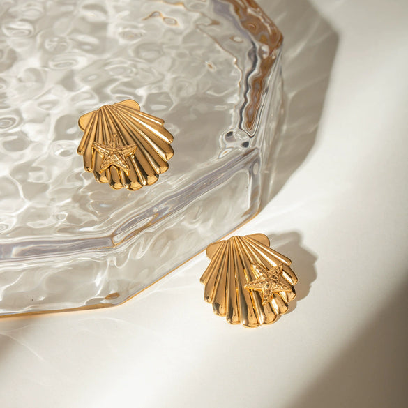 Wholesale Jewelry Stainless Steel Shell Geometric Starfish Earrings For Women With Electroplating Treatment In Natural Style