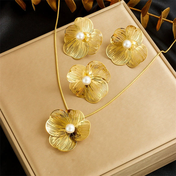 Wholesale Jewelry Stainless Steel Snake Bone Chain Plants And Flowers Pattern Electroplating Highend Women's Necklace Earring Ring Set