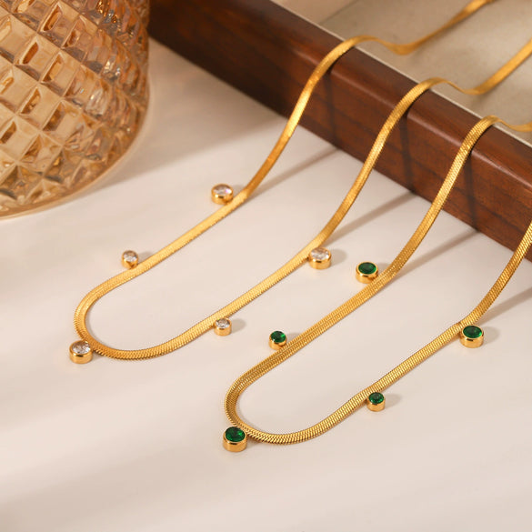 Wholesale Jewelry Stainless Steel Snake Bone Chain Set With Round Zircon Geometric Style For Women