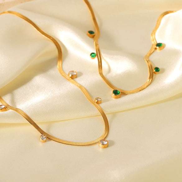 Wholesale Jewelry Stainless Steel Snake Bone Chain Set With Round Zircon Geometric Style For Women
