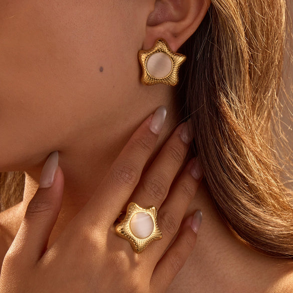 Wholesale Jewelry Stainless Steel Star Inlaid Cat's Eye Stone Electroplated Women's Earrings Ring Suit Fashion Design