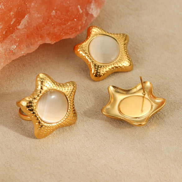 Wholesale Jewelry Stainless Steel Star Inlaid Cat's Eye Stone Electroplated Women's Earrings Ring Suit Fashion Design