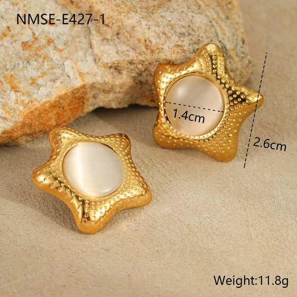Wholesale Jewelry Stainless Steel Star Inlaid Cat's Eye Stone Electroplated Women's Earrings Ring Suit Fashion Design