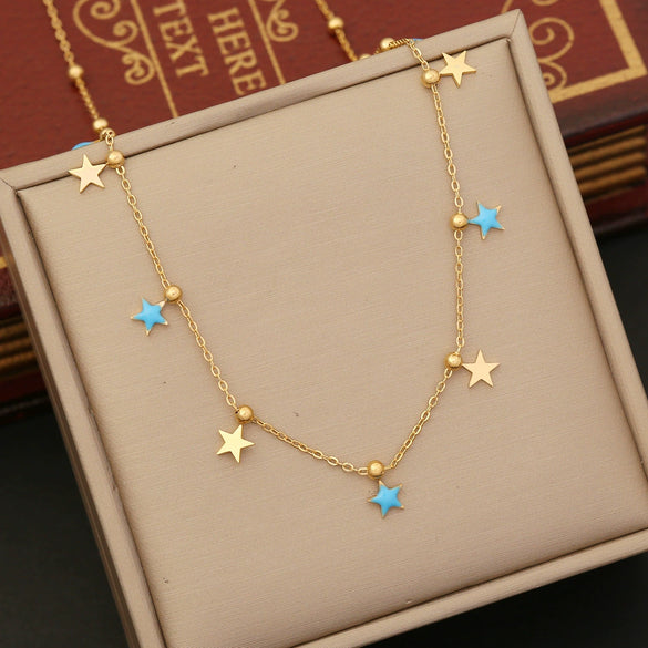 Wholesale Jewelry Stainless Steel Star Moon Dripping Oil Pendant Necklace For Women Chopin Chain