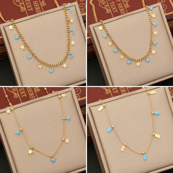 Wholesale Jewelry Stainless Steel Star Moon Dripping Oil Pendant Necklace For Women Chopin Chain