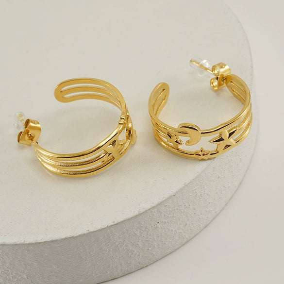 Wholesale Jewelry 316L Stainless Steel Star Moon Earrings Electroplated For Women Geometric Style