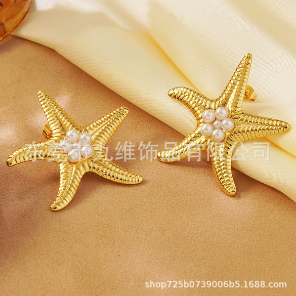 Wholesale Jewelry Stainless Steel Starfish Stamping Women's Animal Style Earrings
