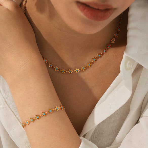 Wholesale Jewelry Stainless Steel Titanium Steel Flower Geometric Dripping Oil Design Clavicle Chain Necklace For Women