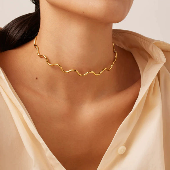 Wholesale Jewelry Stainless Steel Titanium Steel Geometric Wave Style 18K Vacuum Electroplated Collar For Women