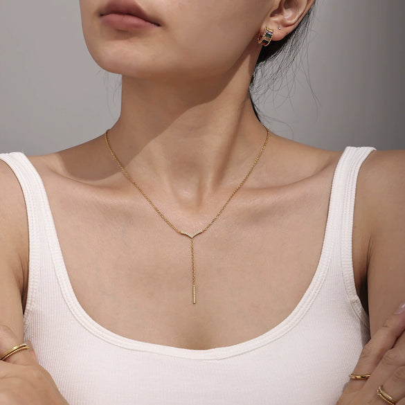 Wholesale Jewelry 316L Stainless Steel Vshaped Tassel Long Strip Inlaid Zircon Electroplated Light Luxury Women's Clavicle Necklace Bracelet
