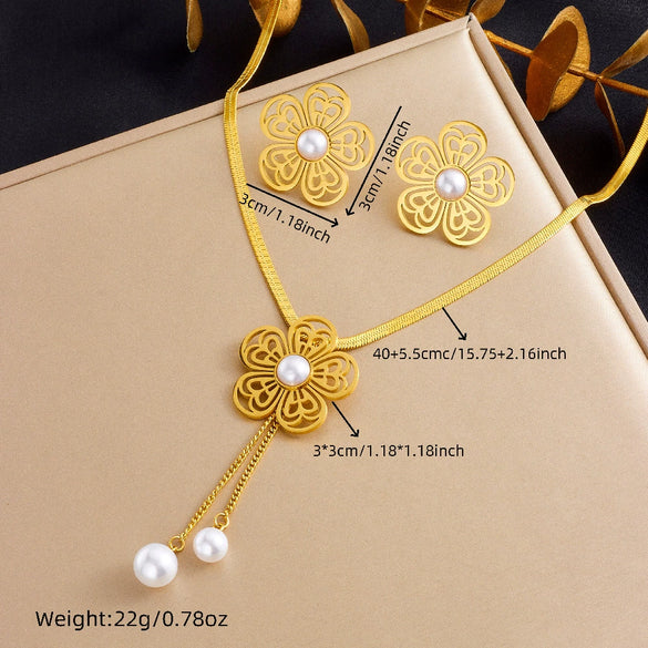 Wholesale Jewelry Stainless Steel Women's Fashion Plants And Flowers Pattern Hollow Flower Tassel Chain Necklace Earrings Set With Electroplating