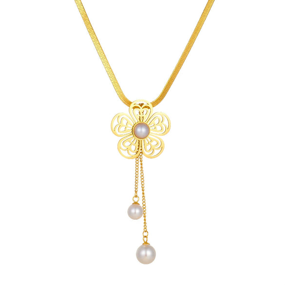 Wholesale Jewelry Stainless Steel Women's Fashion Plants And Flowers Pattern Hollow Flower Tassel Chain Necklace Earrings Set With Electroplating