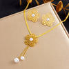 Wholesale Jewelry Stainless Steel Women's Fashion Plants And Flowers Pattern Hollow Flower Tassel Chain Necklace Earrings Set With Electroplating