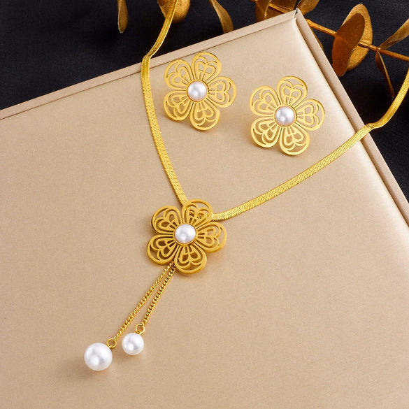 Wholesale Jewelry Stainless Steel Women's Fashion Plants And Flowers Pattern Hollow Flower Tassel Chain Necklace Earrings Set With Electroplating