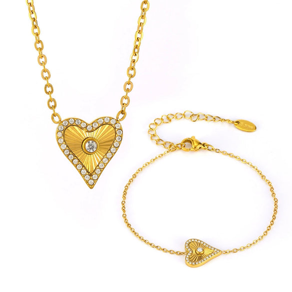 Wholesale Jewelry Stainless Steel Zircon Doublelayer Love Heart Electroplated Unisex Necklace Bracelet Suit