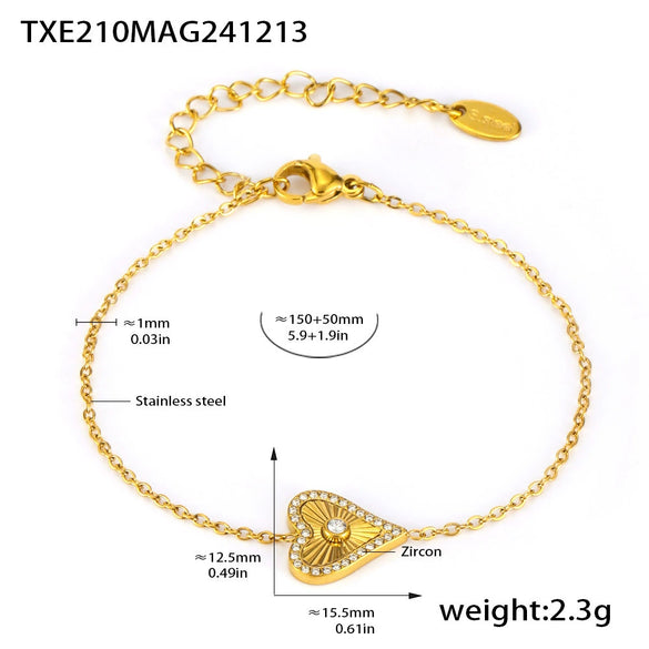 Wholesale Jewelry Stainless Steel Zircon Doublelayer Love Heart Electroplated Unisex Necklace Bracelet Suit